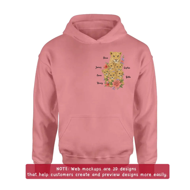 Personalized Lion Mom Embroidered Shirt/ Hoodie - Custom Floral Lion Family Meaningful Mother’s Day Gift for Mom with up to 5 Kids