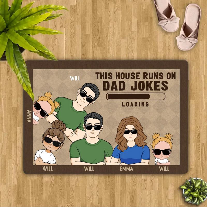 Custom Personalized Family Doormat - Gift Idea For Father's Day - Up to 6 Kids - This House Runs On Dad Jokes