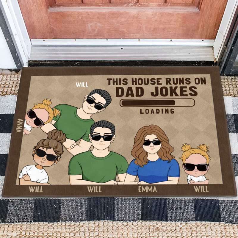 Custom Personalized Family Doormat - Gift Idea For Father's Day - Up to 6 Kids - This House Runs On Dad Jokes