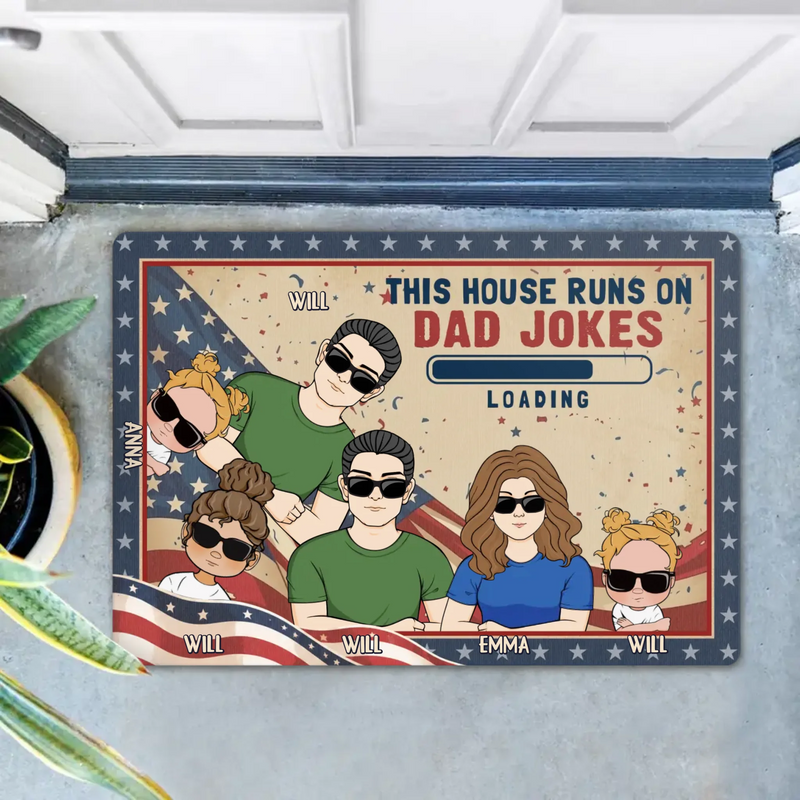Custom Personalized Family Doormat - Gift Idea For Father's Day - Up to 6 Members - This House Runs On Dad Jokes
