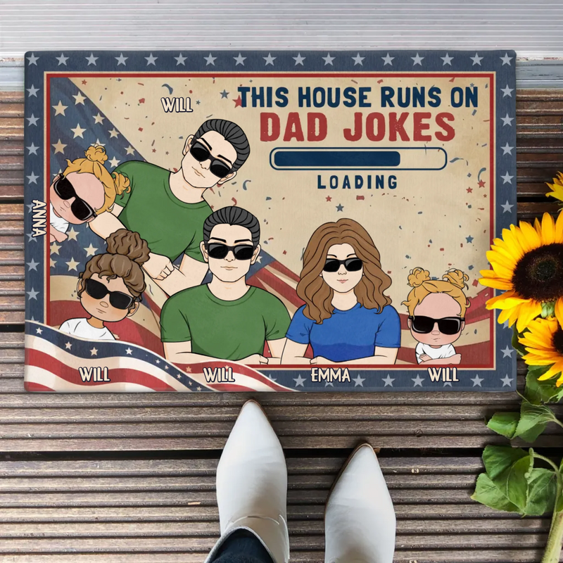 Custom Personalized Family Doormat - Gift Idea For Father's Day - Up to 6 Members - This House Runs On Dad Jokes