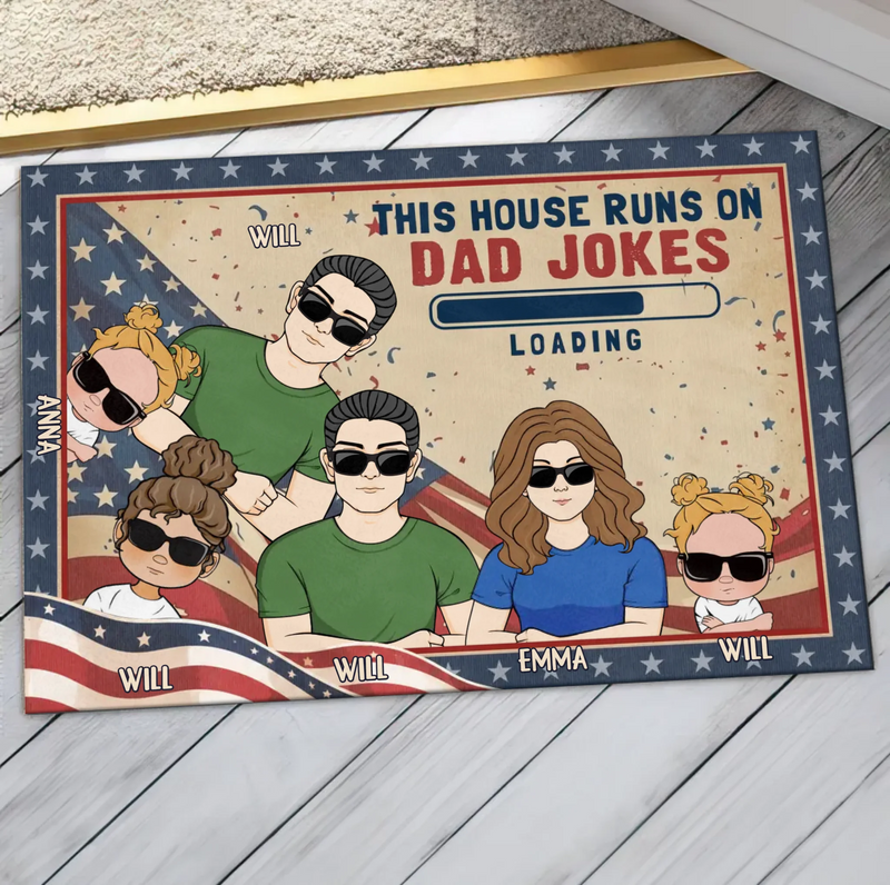Custom Personalized Family Doormat - Gift Idea For Father's Day - Up to 6 Members - This House Runs On Dad Jokes