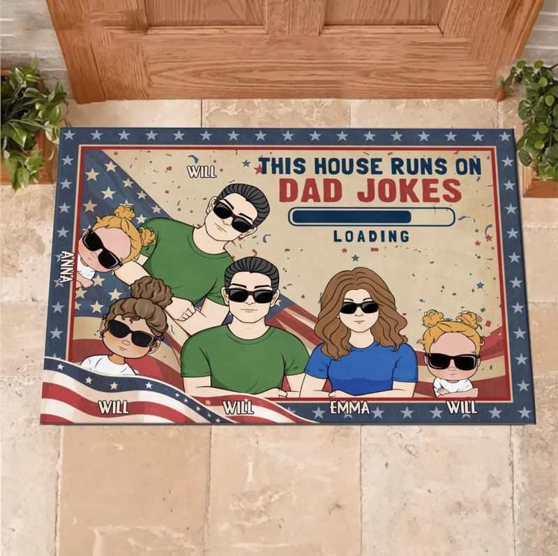 Custom Personalized Family Doormat - Gift Idea For Father's Day - Up to 6 Members - This House Runs On Dad Jokes
