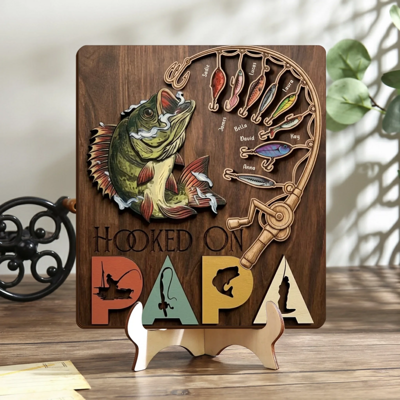Personalized Hooked On Papa Wooden Art - Meaningful Fishing Gift for Dad & Grandpa from Kids with up to 8 Kids