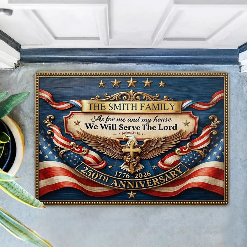 Personalized Christian Patriotic Doormat – 250 Years of Freedom Eagle Cross Welcome Mat, Custom Family Religious Independence Day