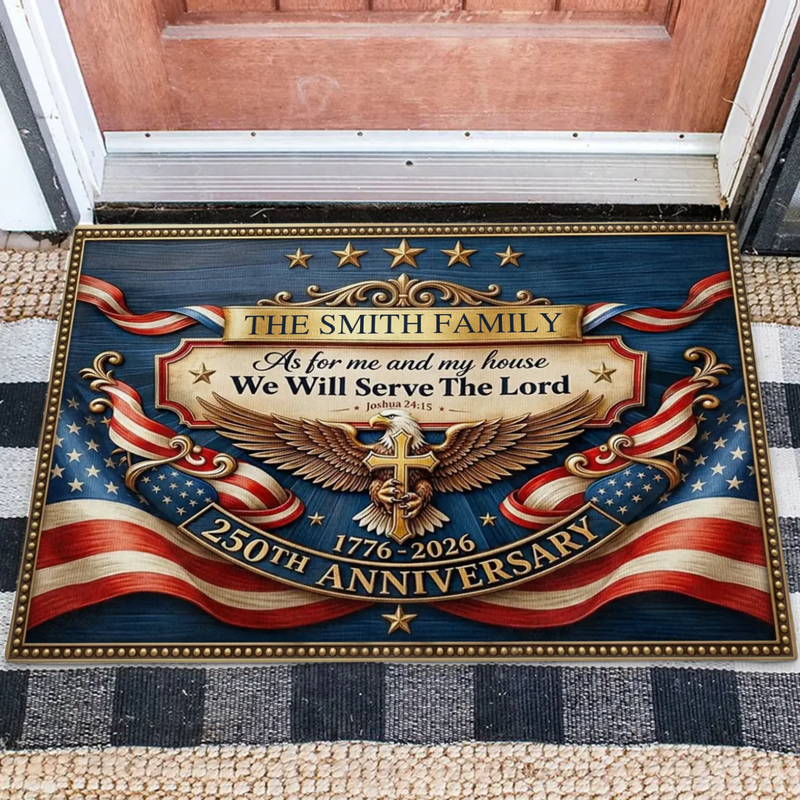 Personalized Christian Patriotic Doormat – 250 Years of Freedom Eagle Cross Welcome Mat, Custom Family Religious Independence Day