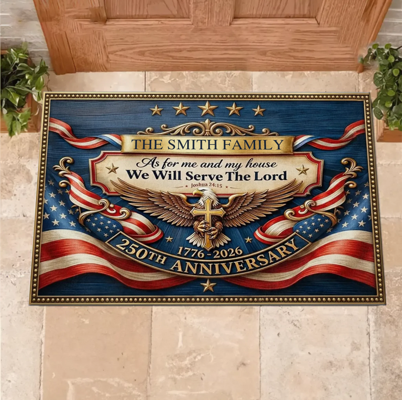 Personalized Christian Patriotic Doormat – 250 Years of Freedom Eagle Cross Welcome Mat, Custom Family Religious Independence Day