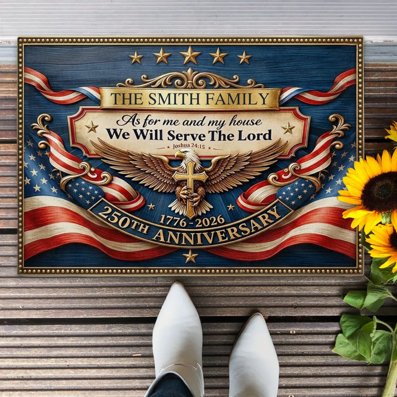 Personalized Christian Patriotic Doormat – 250 Years of Freedom Eagle Cross Welcome Mat, Custom Family Religious Independence Day