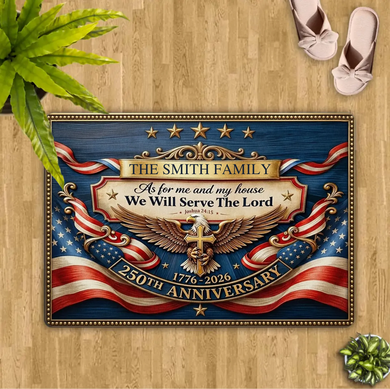 Personalized Christian Patriotic Doormat – 250 Years of Freedom Eagle Cross Welcome Mat, Custom Family Religious Independence Day