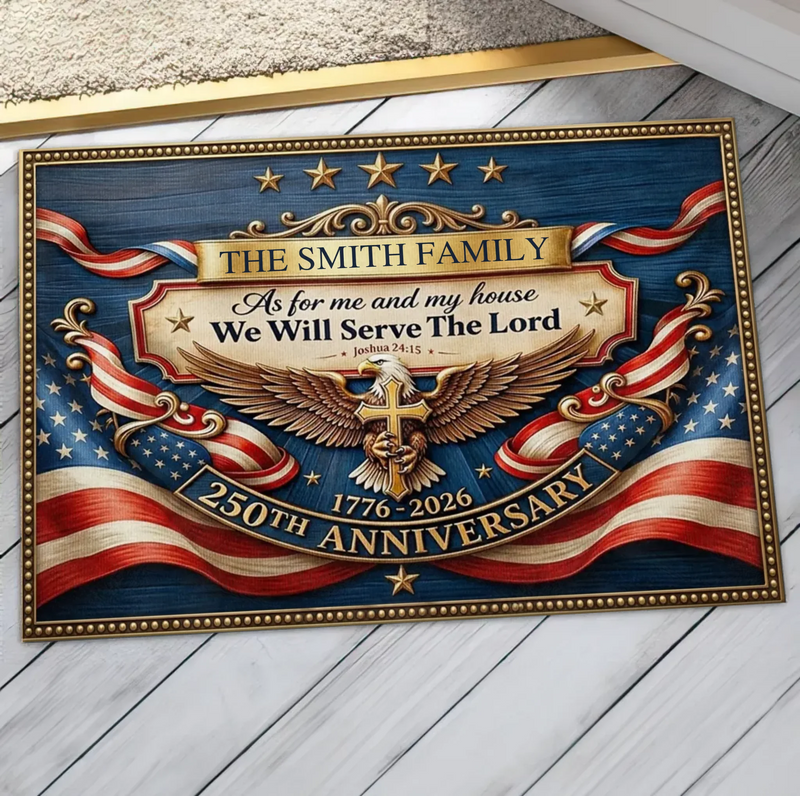 Personalized Christian Patriotic Doormat – 250 Years of Freedom Eagle Cross Welcome Mat, Custom Family Religious Independence Day