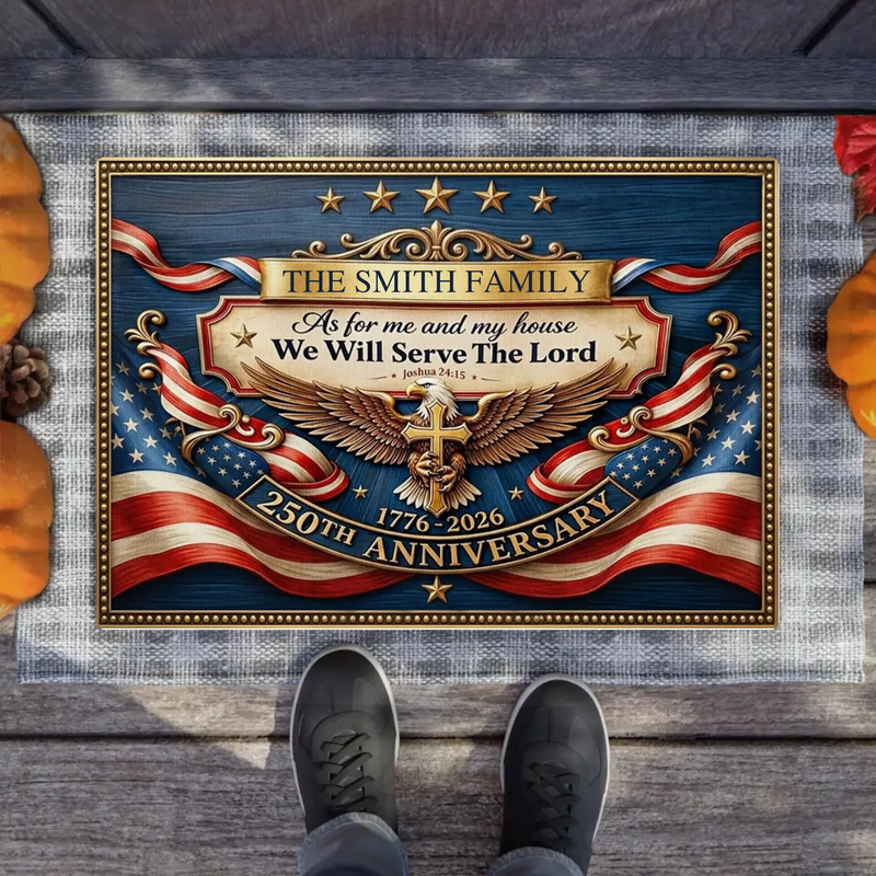 Personalized Christian Patriotic Doormat – 250 Years of Freedom Eagle Cross Welcome Mat, Custom Family Religious Independence Day