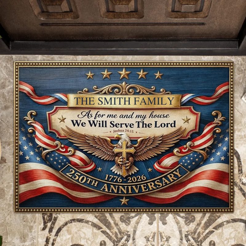 Personalized Christian Patriotic Doormat – 250 Years of Freedom Eagle Cross Welcome Mat, Custom Family Religious Independence Day