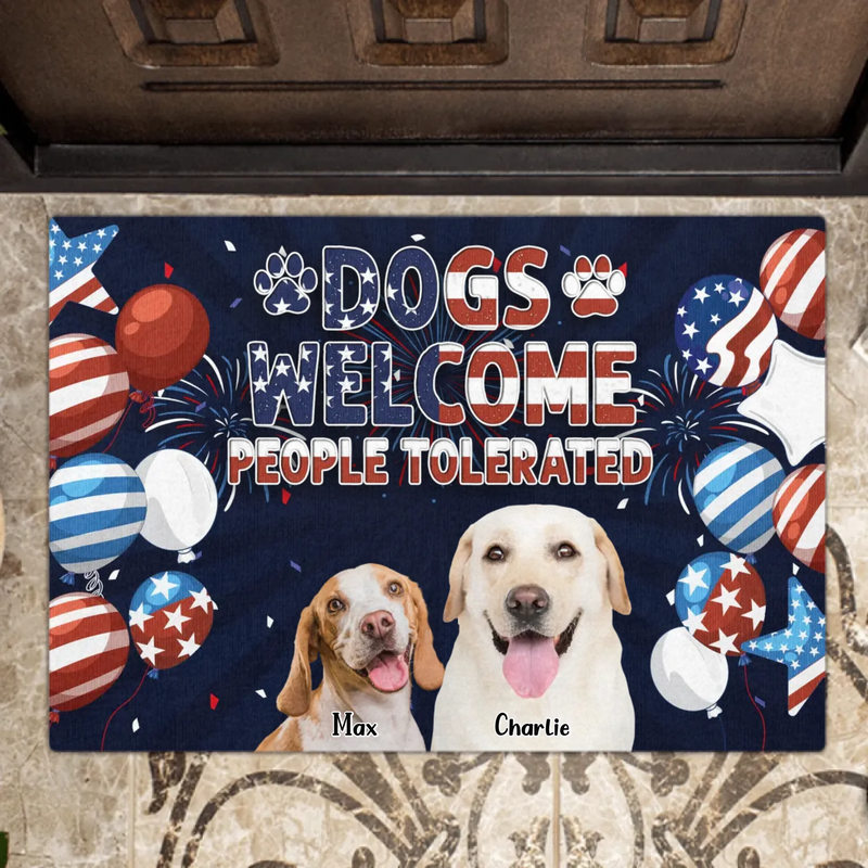 Custom Personalized Dog Patriot Doormat - Gift Idea For Dog Lover - Welcome People Tolerated - Upload Photo - Up to 7 Dogs
