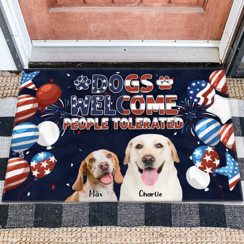 Custom Personalized Dog Patriot Doormat - Gift Idea For Dog Lover - Welcome People Tolerated - Upload Photo - Up to 7 Dogs