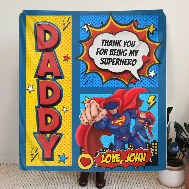 Personalized Daddy Superhero Fleece Throw Blanket/ Quilt - Father's Day Gift Idea - Thank You