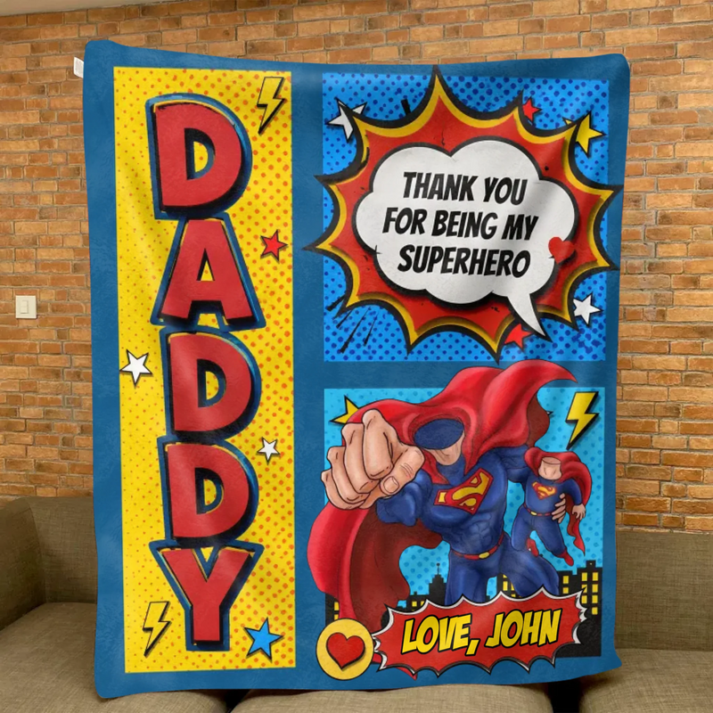 Personalized Daddy Superhero Fleece Throw Blanket/ Quilt - Father's Day Gift Idea - Thank You