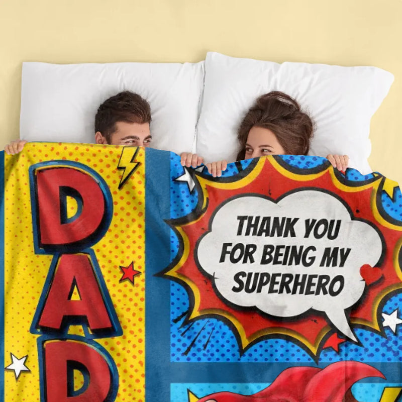 Personalized Daddy Superhero Fleece Throw Blanket/ Quilt - Father's Day Gift Idea - Thank You
