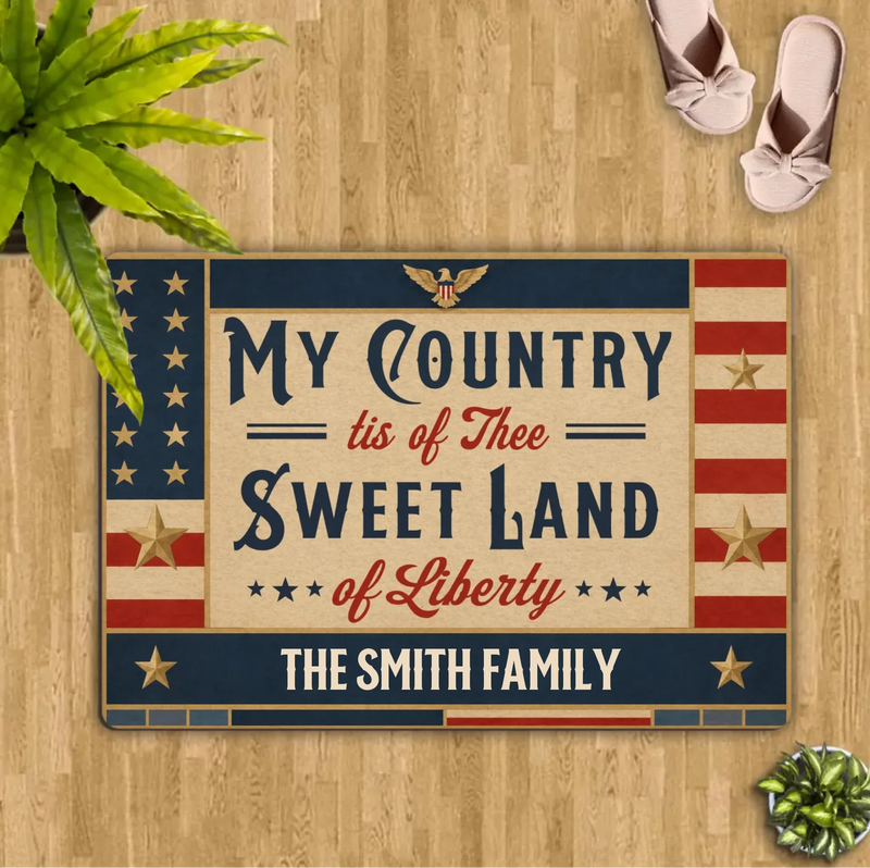 Personalized Patriotic Family Doormat – Vintage American Flag Welcome Mat for July 4th