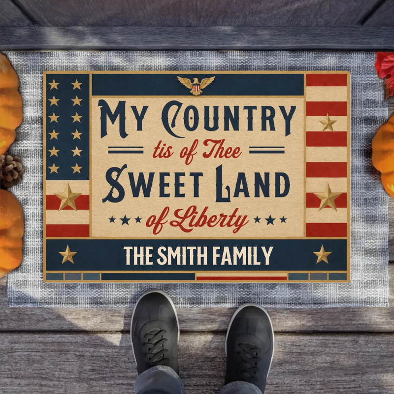 Personalized Patriotic Family Doormat – Vintage American Flag Welcome Mat for July 4th