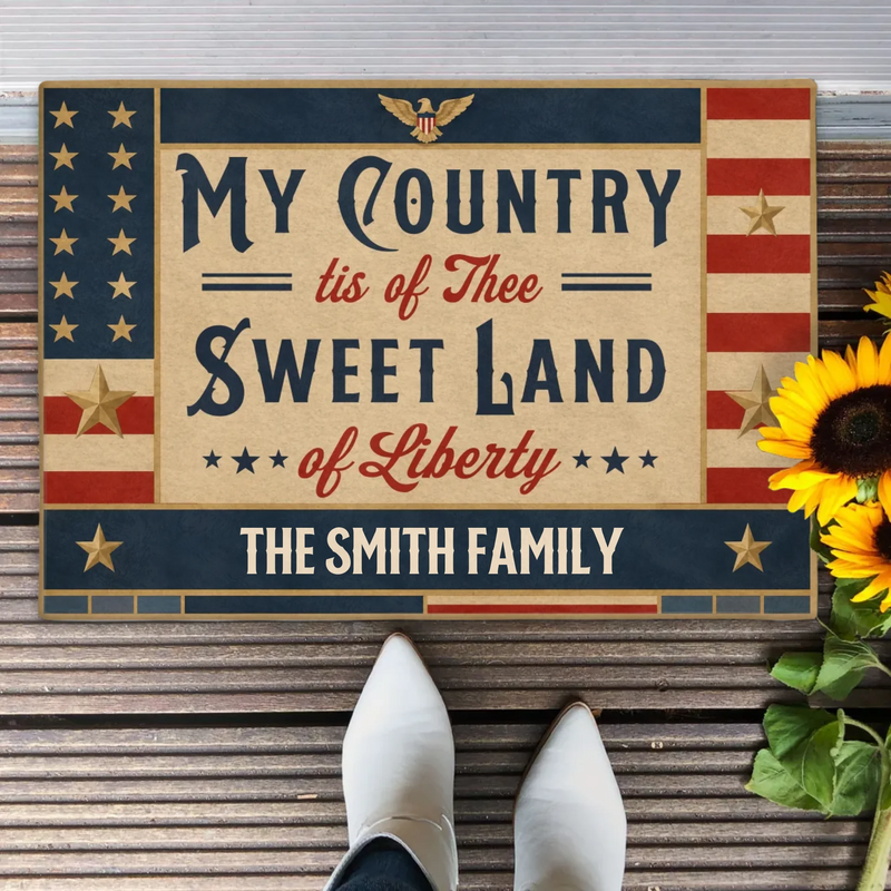 Personalized Patriotic Family Doormat – Vintage American Flag Welcome Mat for July 4th