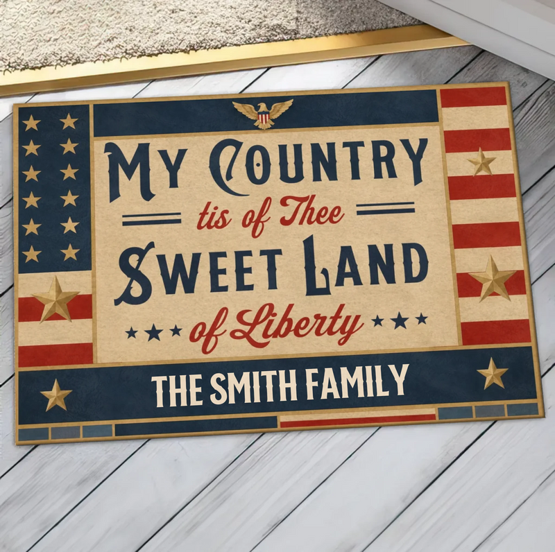 Personalized Patriotic Family Doormat – Vintage American Flag Welcome Mat for July 4th