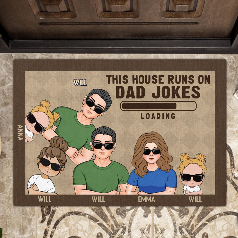 Custom Personalized Family Doormat - Gift Idea For Father's Day - Up to 6 Kids - This House Runs On Dad Jokes