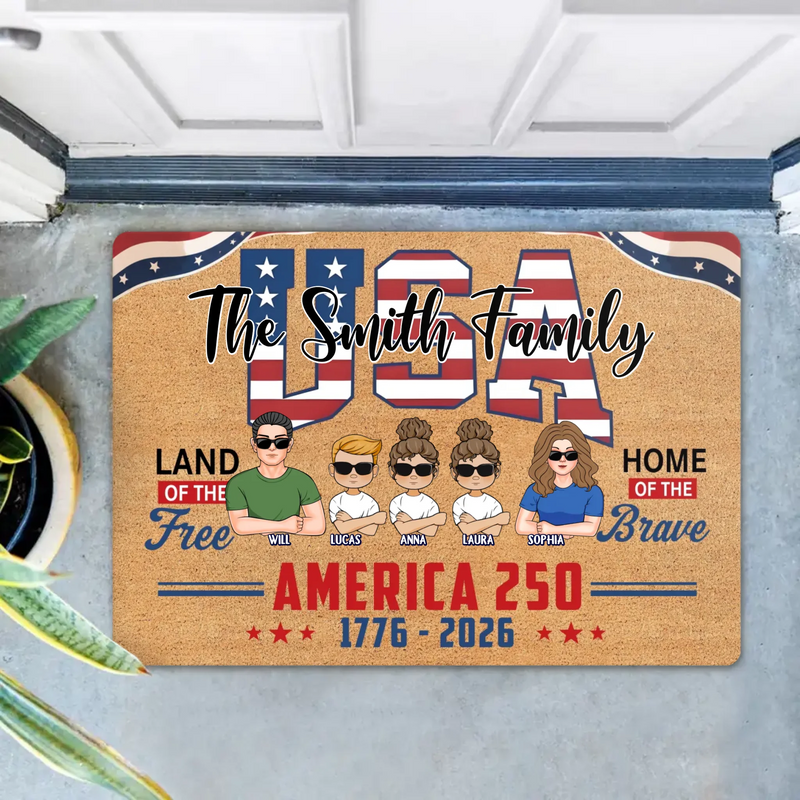 Custom Personalized USA Family Doormat - Up To 5 Family Members – Independence Day Home Decor Gift - Land Of The Free Home Of The Brave