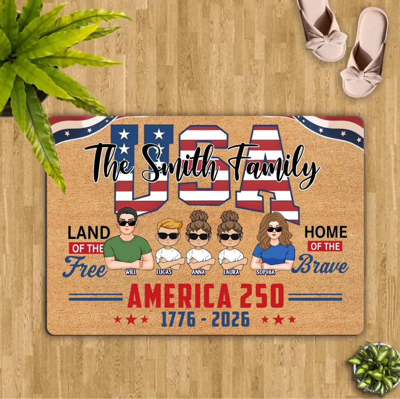 Custom Personalized USA Family Doormat - Up To 5 Family Members – Independence Day Home Decor Gift - Land Of The Free Home Of The Brave