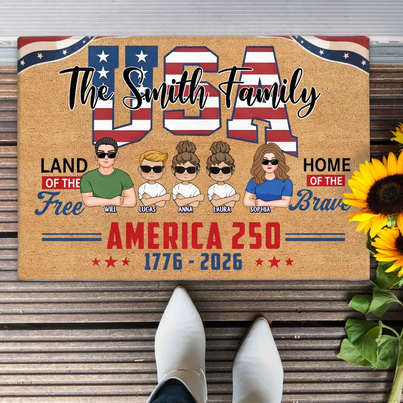 Custom Personalized USA Family Doormat - Up To 5 Family Members – Independence Day Home Decor Gift - Land Of The Free Home Of The Brave