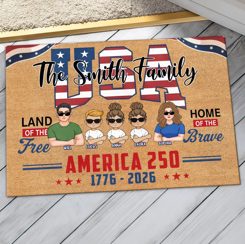 Custom Personalized USA Family Doormat - Up To 5 Family Members – Independence Day Home Decor Gift - Land Of The Free Home Of The Brave