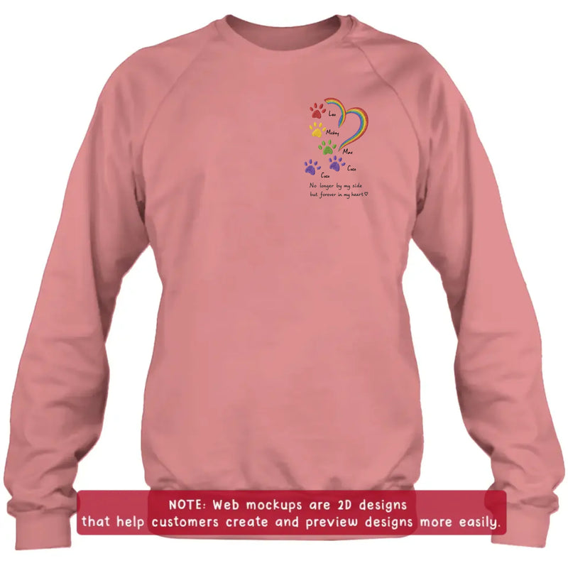 Personalized Rainbow Bridge Pet Memorial Embroidered Shirt/ Hoodie – Custom Pet Names Paw Print T-Shirt – No Longer By My Side But Forever In My Hearts