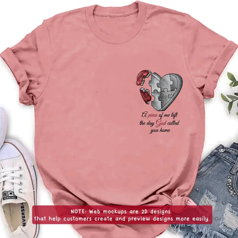 Personalized Memorial Heart Puzzle Embroidered Shirt/ Hoodie -  Sympathy Gift for Loss of Mom/ Dad - A Piece Of Me Left The Day God Called You Home