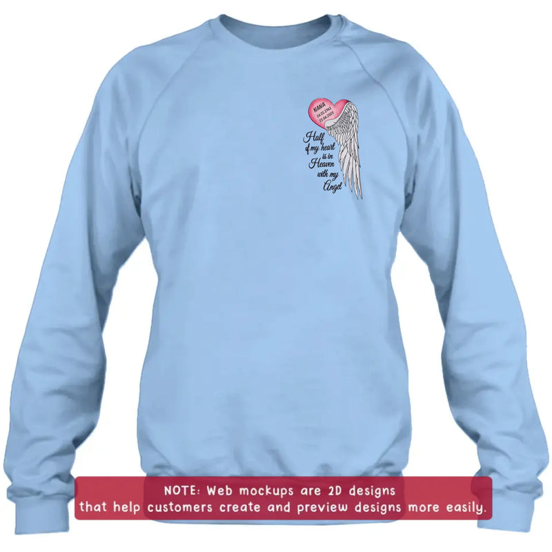 Personalized Memorial Embroidered Shirt/ Hoodie - Half of My Heart Is in Heaven With My Angel - Custom Name & Memorial Dates Sympathy Gift