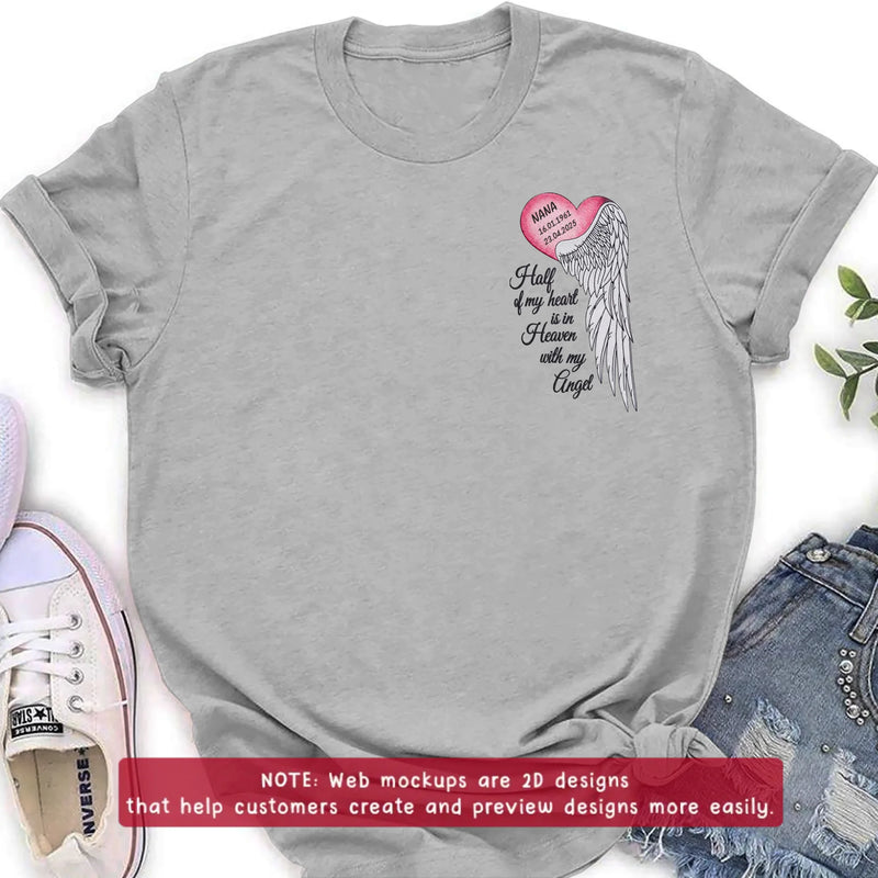 Personalized Memorial Embroidered Shirt/ Hoodie - Half of My Heart Is in Heaven With My Angel - Custom Name & Memorial Dates Sympathy Gift