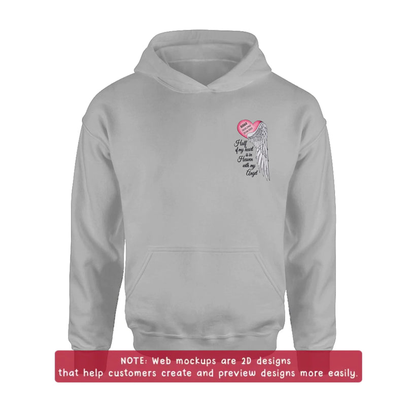 Personalized Memorial Embroidered Shirt/ Hoodie - Half of My Heart Is in Heaven With My Angel - Custom Name & Memorial Dates Sympathy Gift