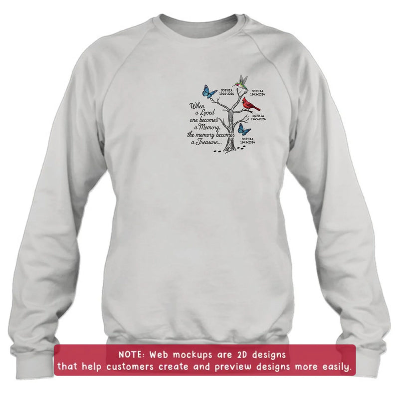 Personalized Memorial Embroidered Shirt/ Hoodie - Family Tree Remembrance with Birds & Butterfly - When A Loved One Becomes A Memory, The Memory Becomes A Treasure