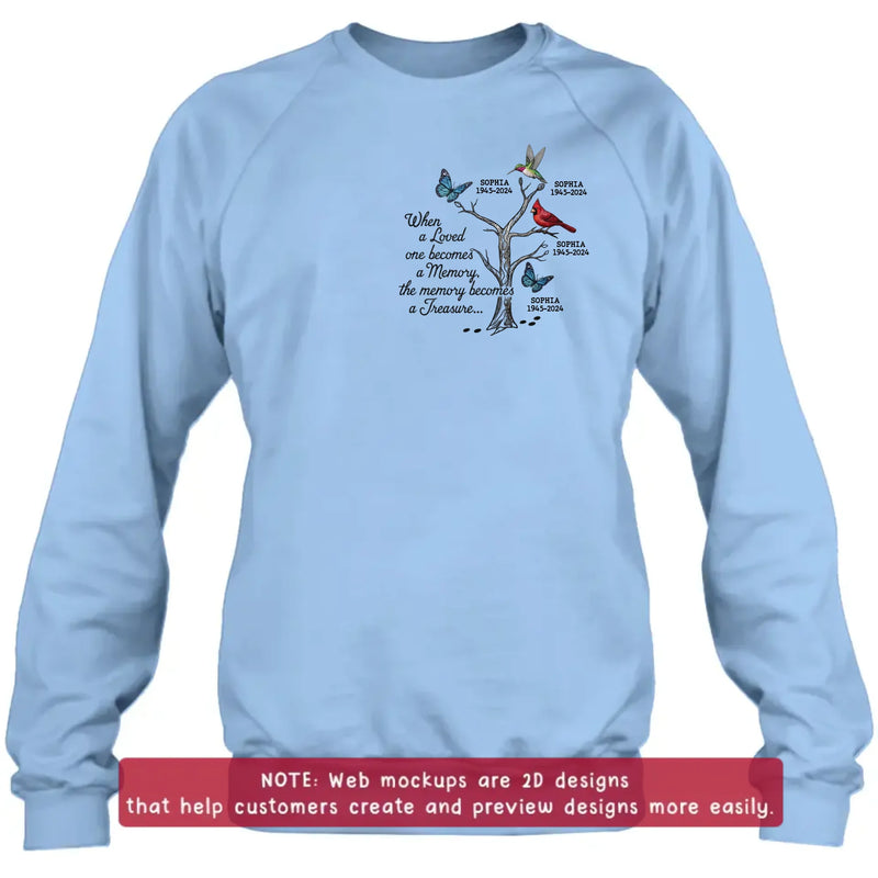 Personalized Memorial Embroidered Shirt/ Hoodie - Family Tree Remembrance with Birds & Butterfly - When A Loved One Becomes A Memory, The Memory Becomes A Treasure