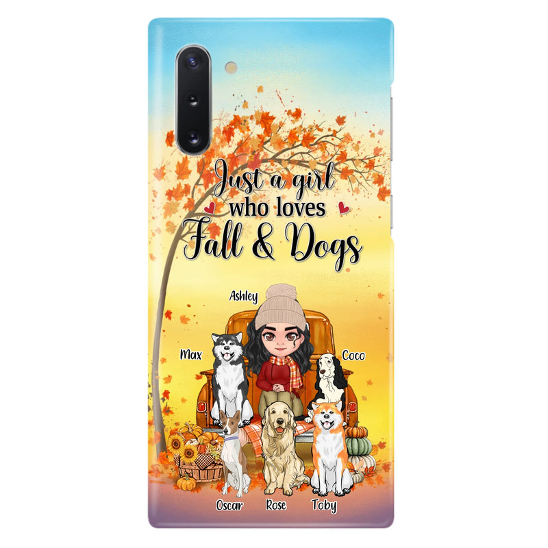 Custom Personalized Dog Mom Fall Season Phone Case - Autumn Gift Idea For Dog Owners - Upto 5 Dogs -  Case For iPhone/Samsung - Just A Girl Who Loves Fall & Dogs