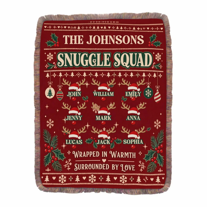 Personalized Family Christmas Fringe Blanket – Up to 9 Members, Custom Family Names – Snuggle Squad, Wrapped in Warmth Surrounded by Love