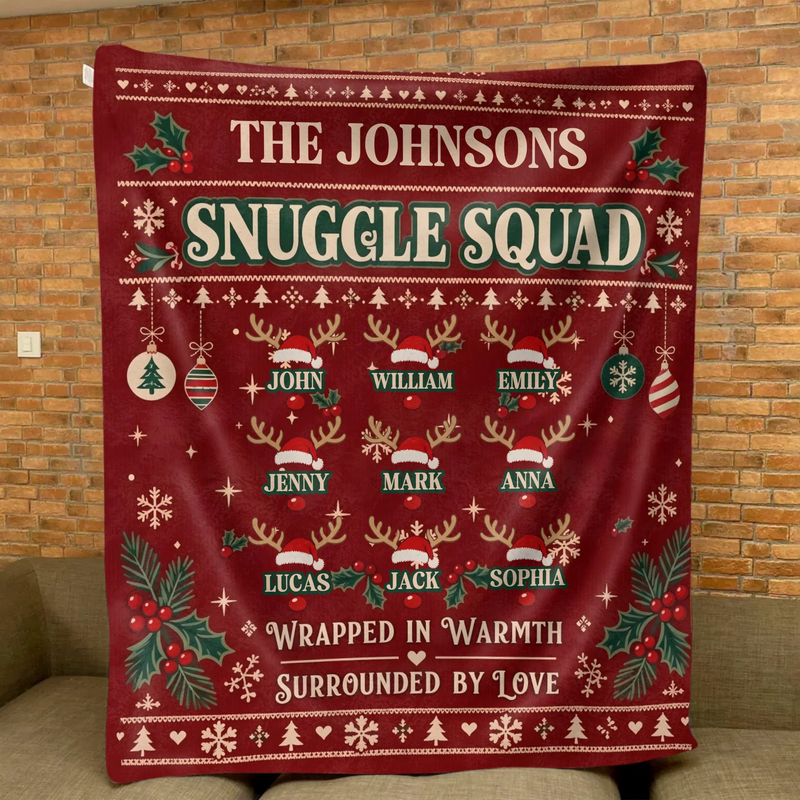 Personalized Family Christmas Fleece Throw Blanket – Up to 9 Members, Custom Family Names – Snuggle Squad, Wrapped in Warmth Surrounded by Love
