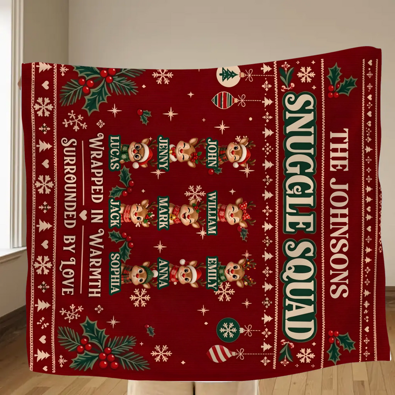 Personalized Family Christmas Blanket – Up to 9 Members, Custom Names & Reindeer Characters – Snuggle Squad, Wrapped in Warmth Surrounded by Love