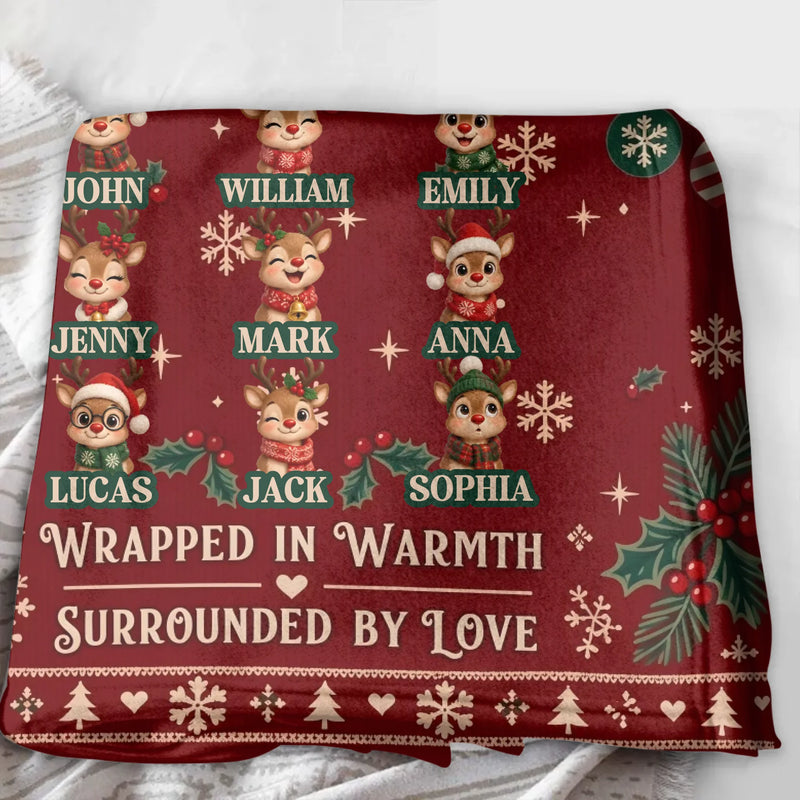 Personalized Family Christmas Blanket – Up to 9 Members, Custom Names & Reindeer Characters – Snuggle Squad, Wrapped in Warmth Surrounded by Love