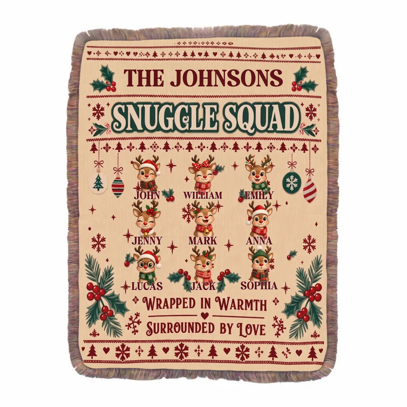 Personalized Family Christmas Fringe Blanket – Snuggle Squad, Wrapped in Warmth Surrounded by Love – Up to 9 Members, Custom Names & Reindeer Characters