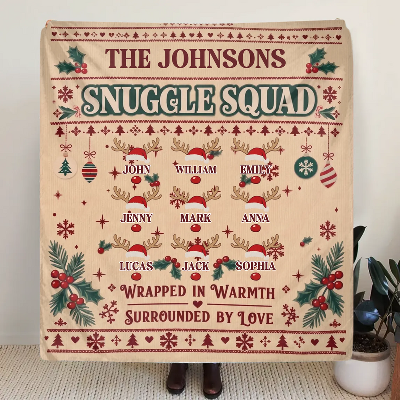 Personalized Family Christmas Fleece Throw Blanket - Snuggle Squad, Wrapped in Warmth Surrounded by Love - Up to 9 Members, Custom Family Names