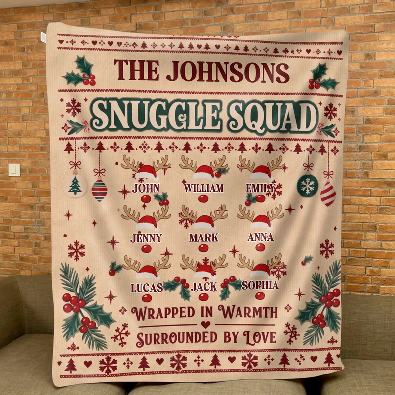 Personalized Family Christmas Fleece Throw Blanket - Snuggle Squad, Wrapped in Warmth Surrounded by Love - Up to 9 Members, Custom Family Names