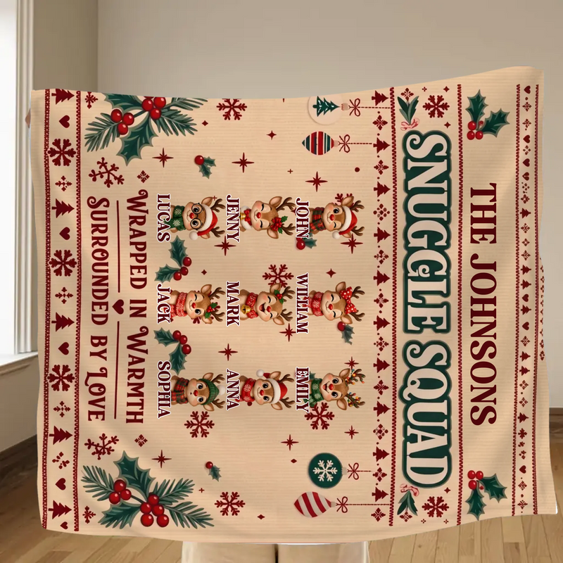 Personalized Family Christmas Blanket – Snuggle Squad, Wrapped in Warmth Surrounded by Love – Up to 9 Members, Custom Names & Reindeer Characters