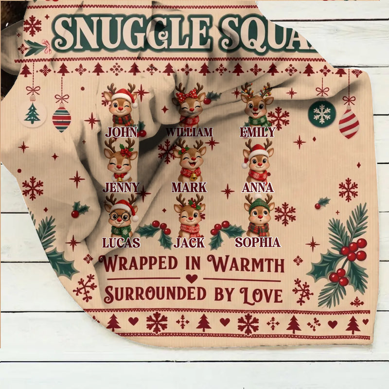Personalized Family Christmas Blanket – Snuggle Squad, Wrapped in Warmth Surrounded by Love – Up to 9 Members, Custom Names & Reindeer Characters