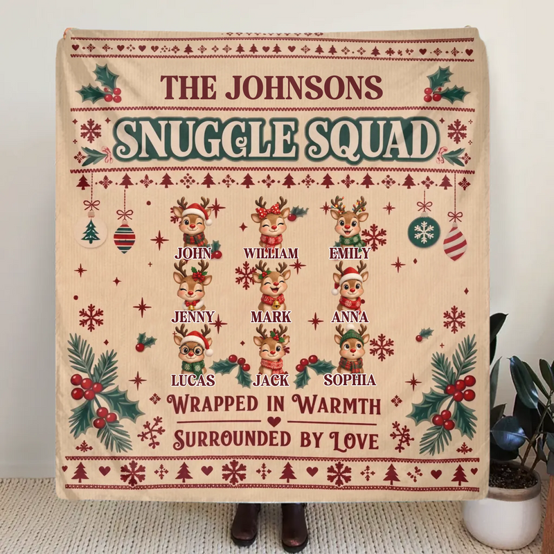 Personalized Family Christmas Blanket – Snuggle Squad, Wrapped in Warmth Surrounded by Love – Up to 9 Members, Custom Names & Reindeer Characters
