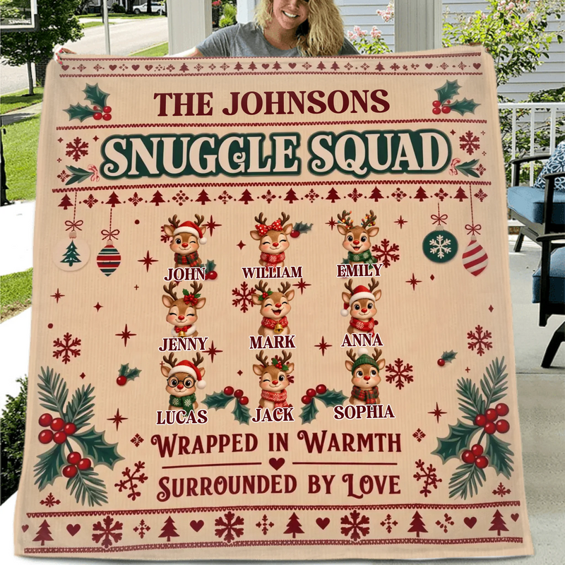 Personalized Family Christmas Blanket – Snuggle Squad, Wrapped in Warmth Surrounded by Love – Up to 9 Members, Custom Names & Reindeer Characters