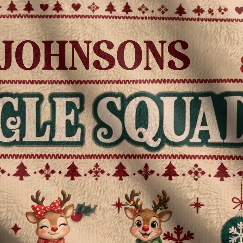 Personalized Family Christmas Blanket – Snuggle Squad, Wrapped in Warmth Surrounded by Love – Up to 9 Members, Custom Names & Reindeer Characters